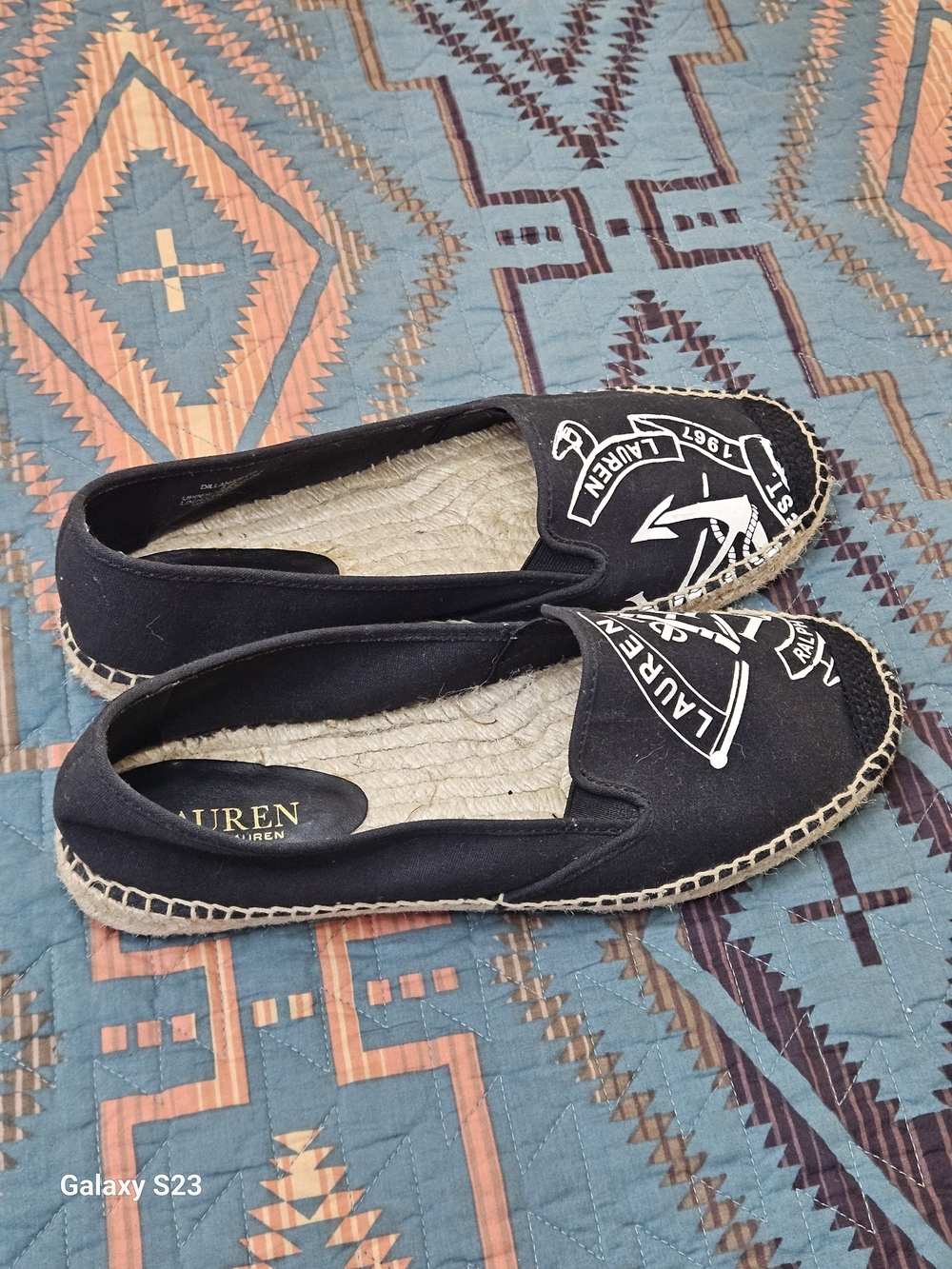 Lauren Ralph Lauren Black Canvas Espadrille Slip-On with White Crest